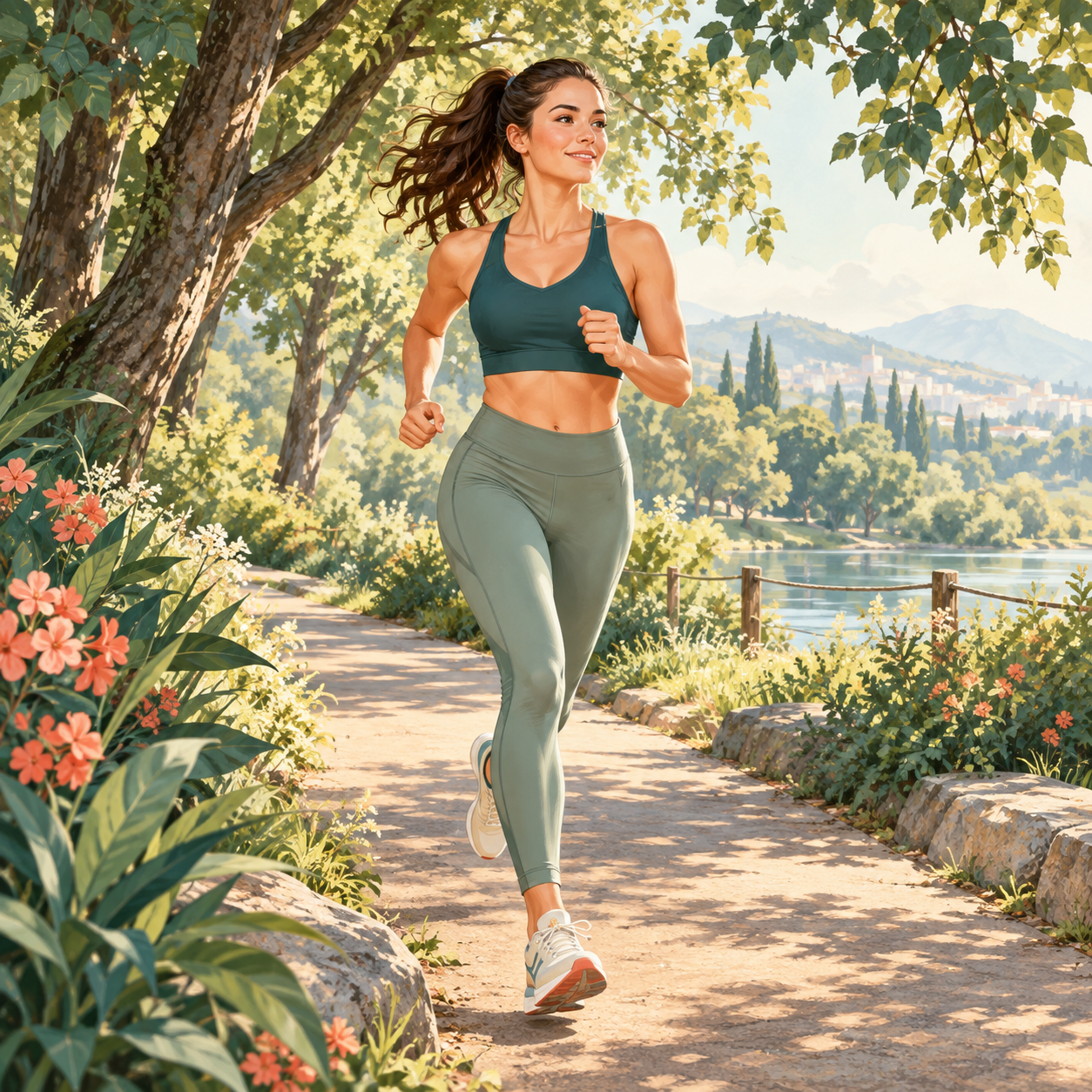 Une sportive court sur un chemin bordé d’arbres