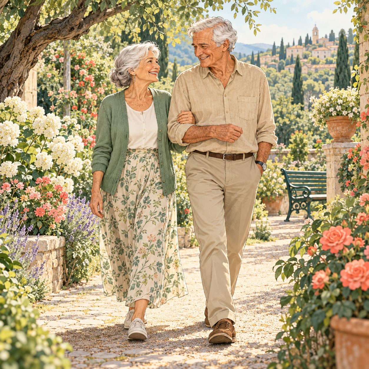 Un couple de seniors se promène dans un jardin